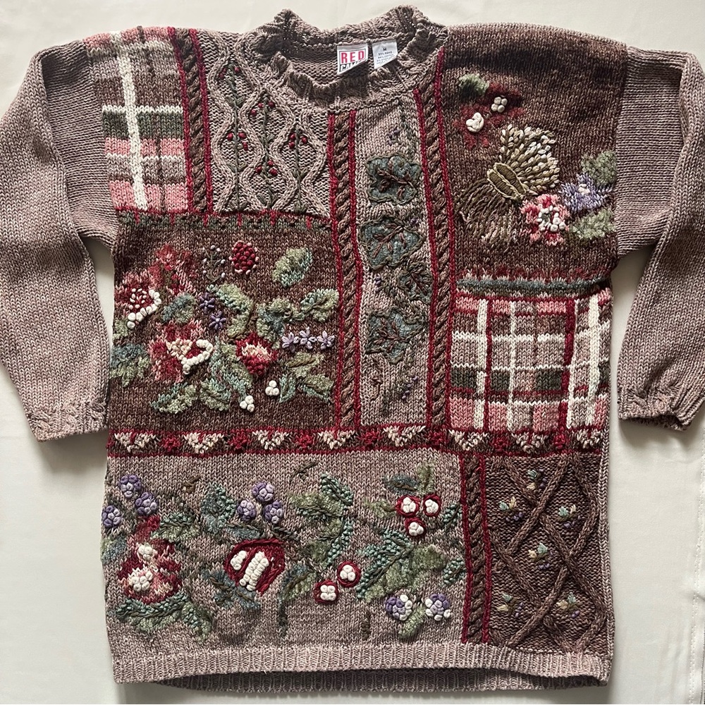 Vintage Brown Patchwork Sweater for Women Med